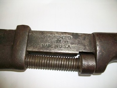 Antique P. S & W Co. Stronghold Wood Handle 12  Pipe Wrench Made in USA-Monkey