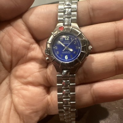 Works Vintage Guess Waterpro 26mm Watch Women Silver Blue Dial Date New Bat 6.5''