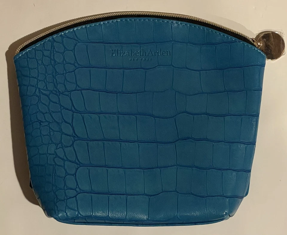 ELIZABETH ARDEN NEW YORK BLUE COSMETIC TRAVEL BAG CROCODILE PRINT FAUX LEATHER - Image 2 of 4