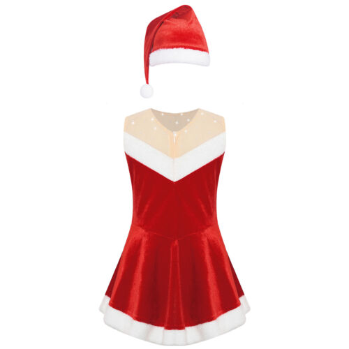 Kids Girls Christmas Costume Show Dance Dress Flannel Santa Claus Outfit 2Pcs - Picture 10 of 35