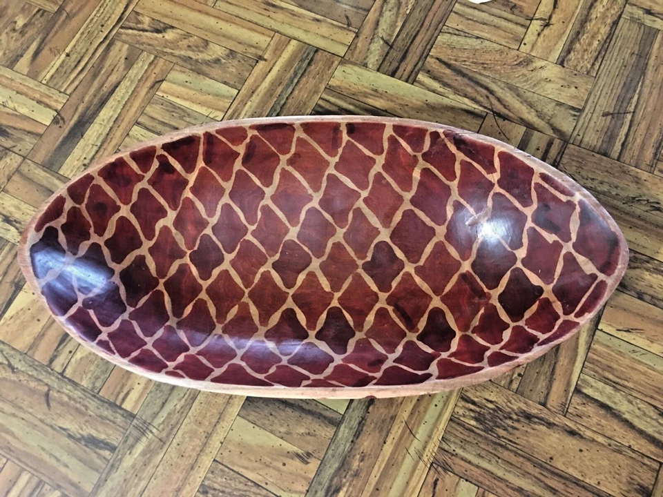Beautiful African Hand Carved Muhuhu Kenya Wood Oval Giraffe Bowl 12x6x3 - Imagem 3 de 4