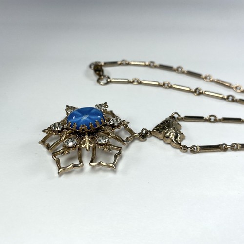 Estate Victorian Revival Blue Cabochon Rhinestone Pendant Bar Chain Necklace VTG - Picture 7 of 12