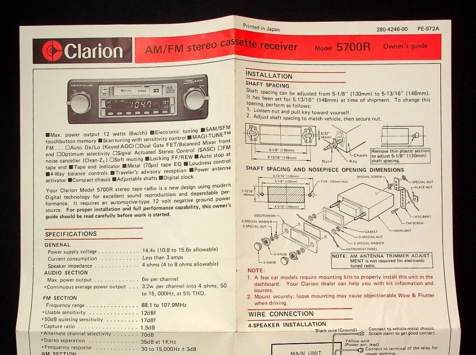 Clarion 5700R Am/FM Cassette Receptor Instrucciones Folleto Manual Guía del Propietario Foto 2 de 4