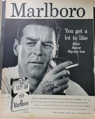 1956 Marlboro cigarettes Flip-top box Man eagle hand tattoo vintage ad