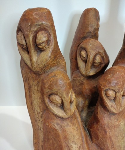 Owl Carving 6 Owls Signed J. Bode Large 14" Wooden Sculpture - Picture 2 of 12