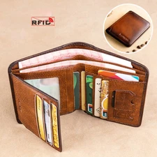 Genuine Leather Men's Trifold Wallet RFID Blocking Credit Card Holder Retro USA