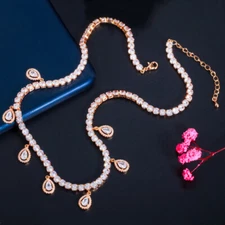 Noble Yellow Gold Plated White Cubic Zirconia Water Drop Chain Necklace Women