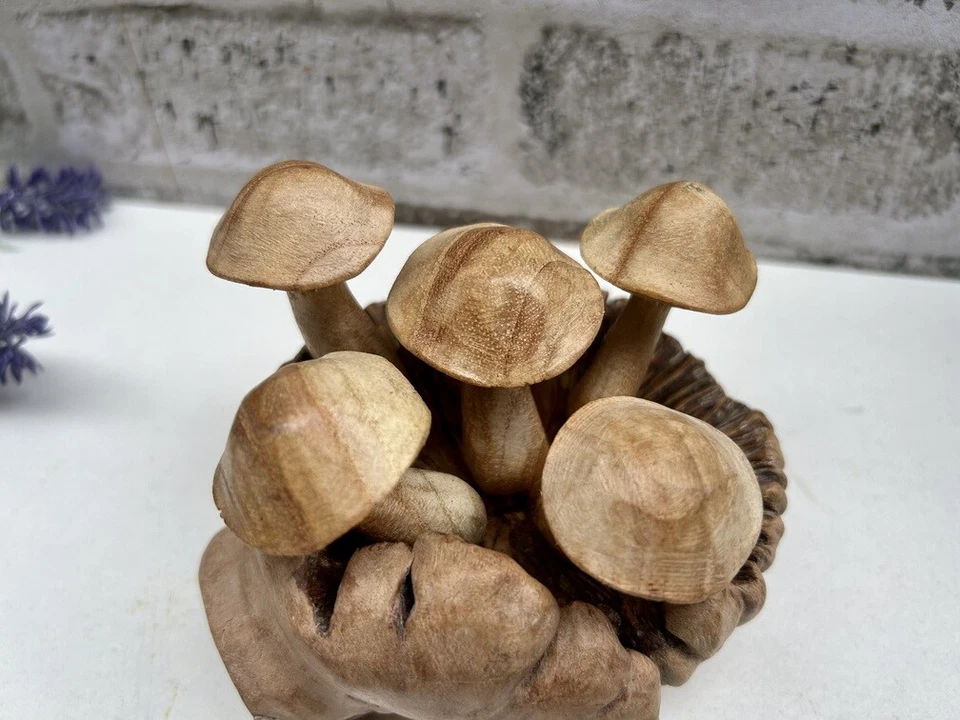 Wooden Mushroom Toadstool Sculpture Teak Root Hand Carved Driftwood Ornament - Image 4 of 4