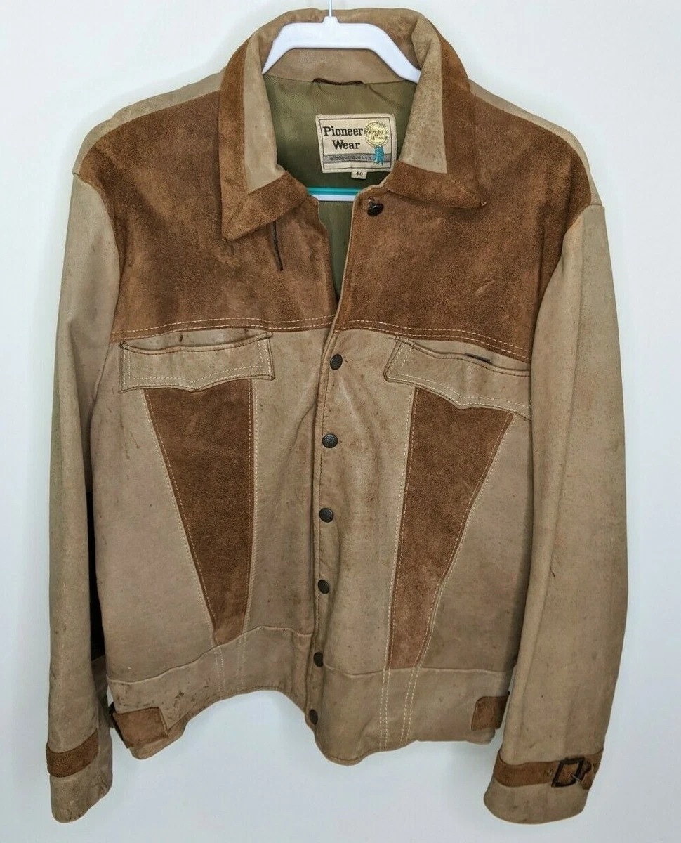 Mens 40 Vintage 70s Leather Jacket Distressed Destroyed Western Suede Buckles