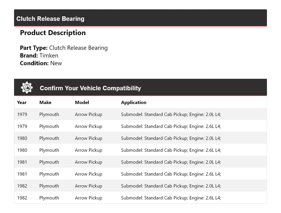Cojinete de liberación de embrague para camioneta Plymouth Arrow 1979-1982 Timken 1980 1981 Foto 2 de 4