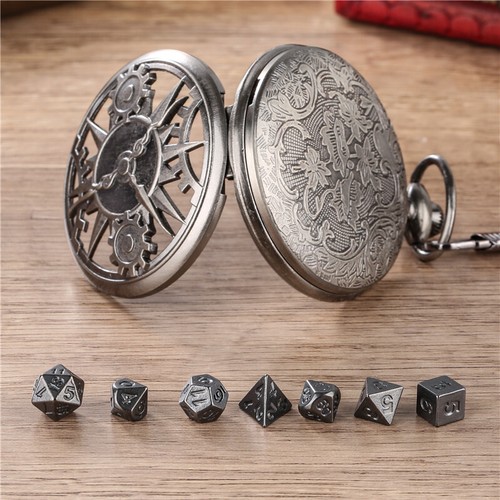 DND Collector's Gothic Gear Pocket Watch 7pcs Dice Metal Dice Set Vintage Style - Picture 11 of 20