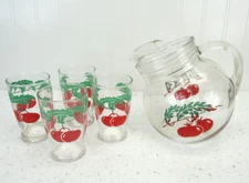 Vintage 1950s Anchor Hocking Ball Tilt Pitcher Ribbed Handle Rim 4 tumblers