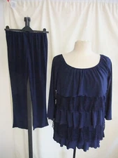 Ladies Outfit XS, layered tunic & pull-on trousers, blue polyester, stretch 1821