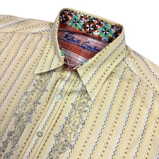 Robert Graham Men  s Cotton Embroidered Flip Cuff Button Shirt Yellow   Large