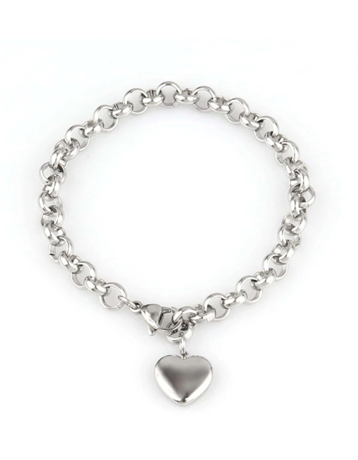 Bijoux femme en acier inoxydable : gourmette argentée chaîne maille jaseron et cœur ciselé
