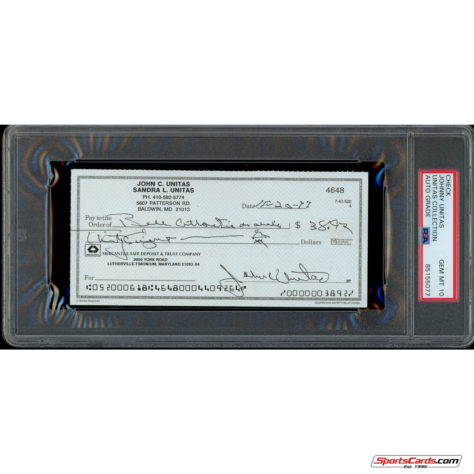Johnny Unitas Signed Autographed Personal Check PSA DNA Gem Mint 10