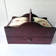 Vintage 8" Tall Double Lid Wood Sewing Box with Drawer, 10.5" Long, 6.5" Wide.