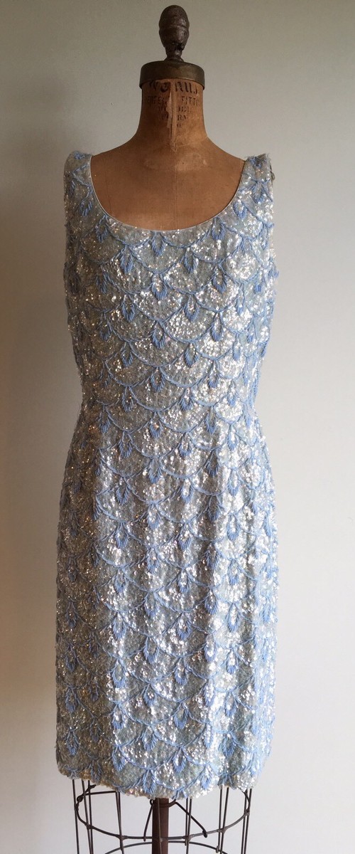 Vintage 50's Pale Blue Beaded Sequins Wiggle Dress M/L