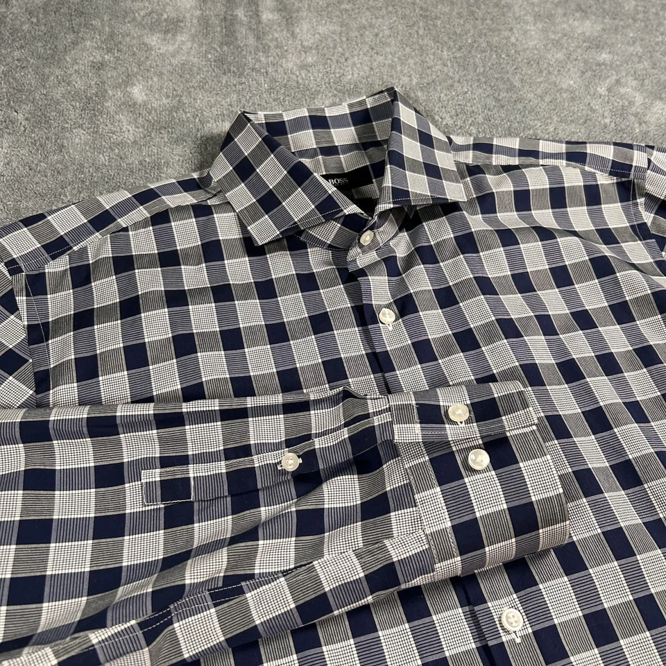 Hugo Boss Shirt Button Down Slim Fit Blue Navy Gray Plaid Cotton 44 16 L Men’s - Image 4 of 4