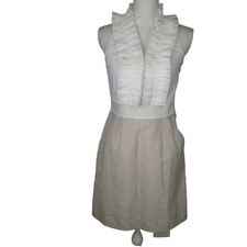 Ann Taylor LOFT White beige Dress Sleeveless 2 Ruffle Pockets A-line Gold 