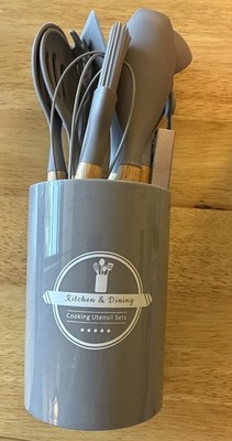 Gray 12Pcs Kitchen Silicone Utensils Set-Non Stick Cooking Wooden handle US