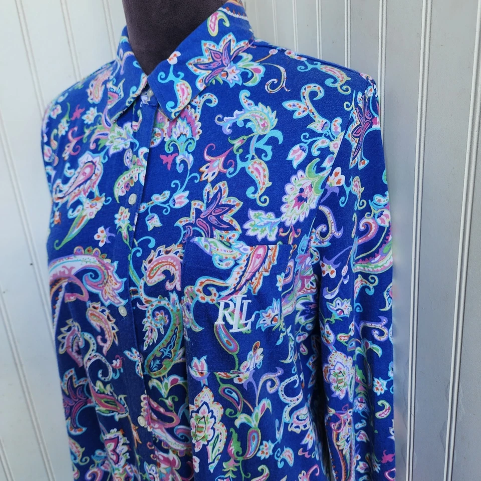 Camisa Ralph Lauren Para Mujer Floral para Dormir Elastizada Cachemira Abotonada Algodón Azul M Foto 3 de 4