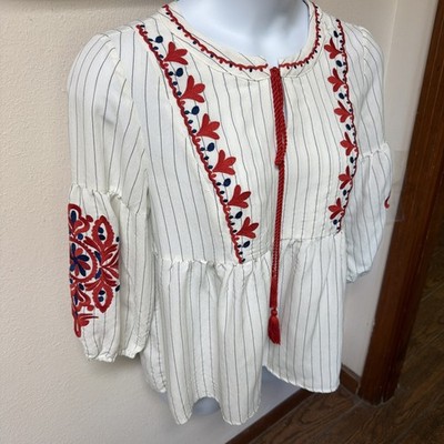 See & Be Seen Anthropologie Red Embroidered Floral Blouse White W/PinStripe Sz M