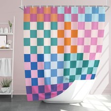 Colorful Checkered Retro Shower Curtain Aesthetic 70S Groovy Rainbow Checkered