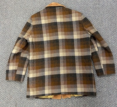 VTG Pendleton Wool Coat Mens L Brown Plaid Faux Fur Retro Jacket