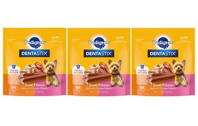 3 PACK - Pedigree Dentastix Dual Flavor Small Breed Dog Treats, Bacon & Chicken