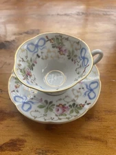 Vintage Vista Alegre Portugal Footed Demitasse Cup & Saucer Blue Ribbon Bows