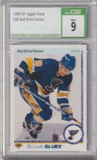 90-91 ROD BRIND'AMOUR RC UPPER DECK ROOKIE CARD #36 BLUES CSG 9 MINT (C). rookie card picture