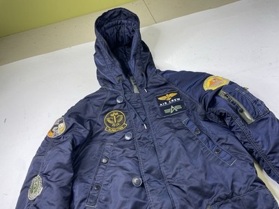 80sUSA製Alpha industries N-3Bflightjacket Alpha Industries N-3b Patches Men's Blue Nylon Parka Jacket Size