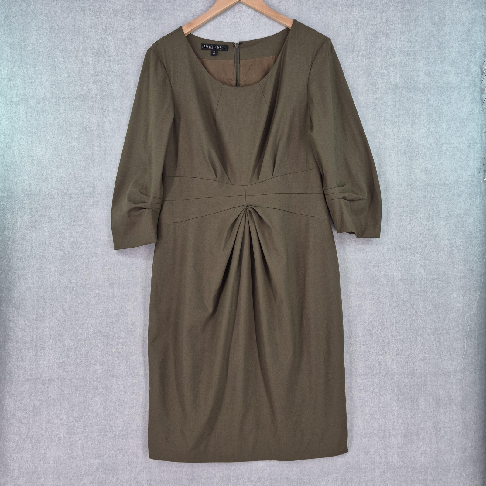 Lafayette 148 New York Dress Women* 10 Olive Wool Blend Ruched 3/4 Sleeve Sheath