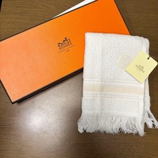 Unused Hermes Paris Towel Cotton 100 fringed White Hand Towel w/box Homeware