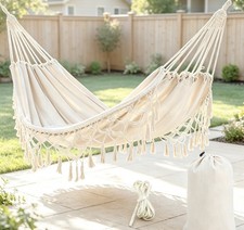 Boho Double Cotton Hammock w/ Carry Bag Outdoor Swing Bed for Patio Garden Beige