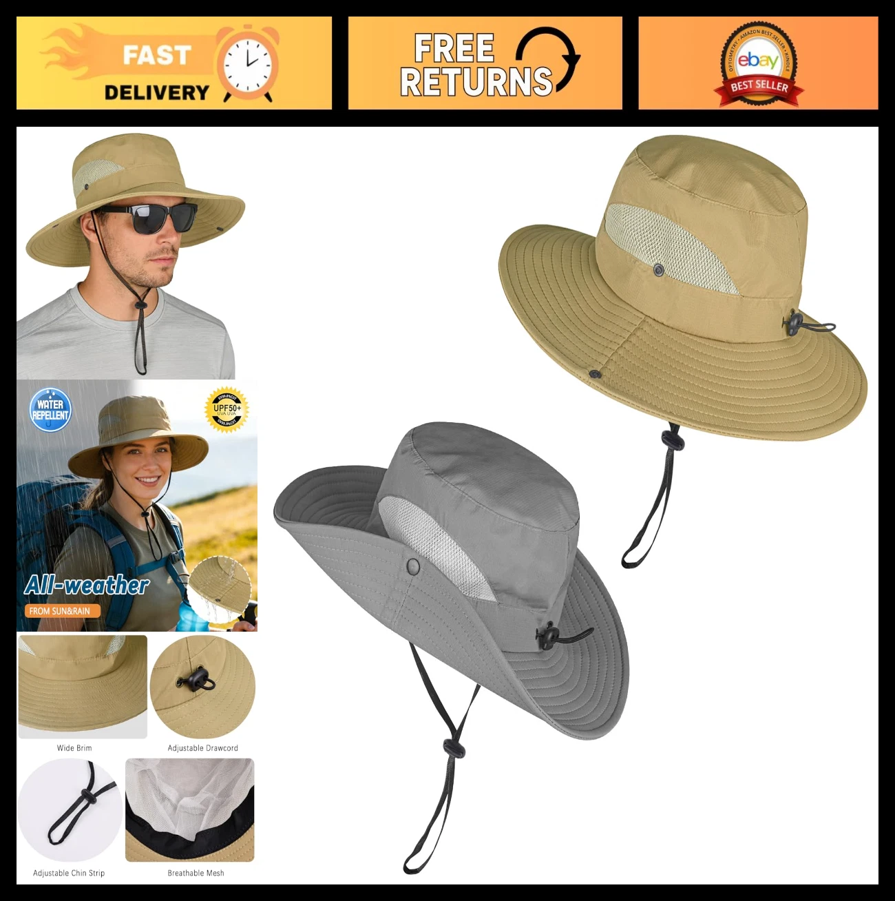 Wide Brim UV Protection Bucket Hat UPF50+ Waterproof Boonie Hat for Fishing, Hik