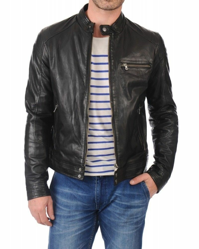 Men's Black Retro Biker Leather Jacket Motorcycle Zip Bomber Coat Top Outwear-image