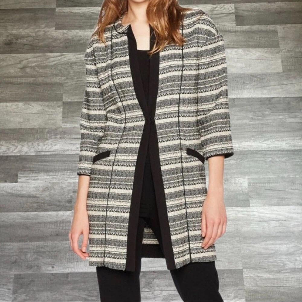 Anne Klein Women s Long Striped Tweed Topper Jacket Size XS Hook