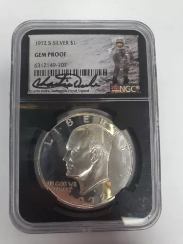1972-S Gem Proof Eisenhower Silver Dollar Charlie Duke Astronaut Signed NGC