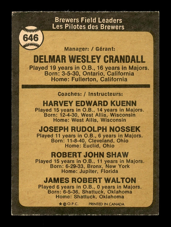 Bob Shaw Autographed Signed Auto 1973 O-Pee-Chee Card #646 Brewers Coach 169327 - Image 2 of 2