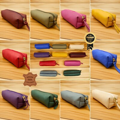 Multibox Pen and Makeup Bag with Zipper, Geniune Leather Makeup