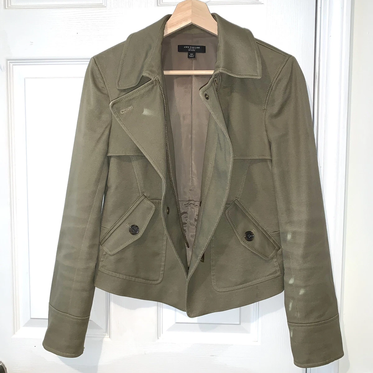 Ann Taylor Military Style Olive Green Canvas Jacket Size 4 eBay
