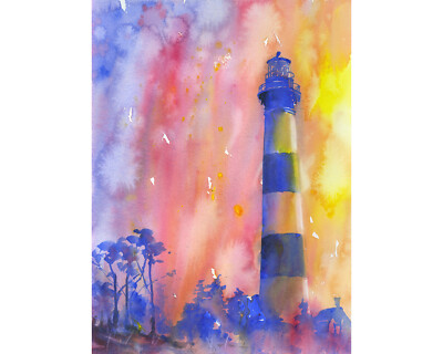 Bodie Island lighthouse colorful art watercolor landscape painting (original)