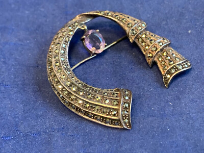 Vtg Sterling Silver Art Deco Marcasite Brooch Fine Jewelry