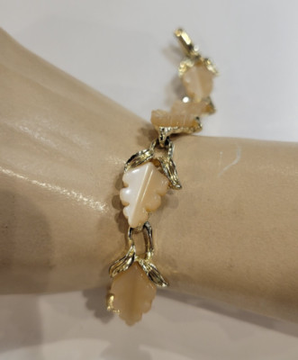 Lisner Champagner Mondschein Duroplast Eiche Blatt Goldfarben Vintage Armband