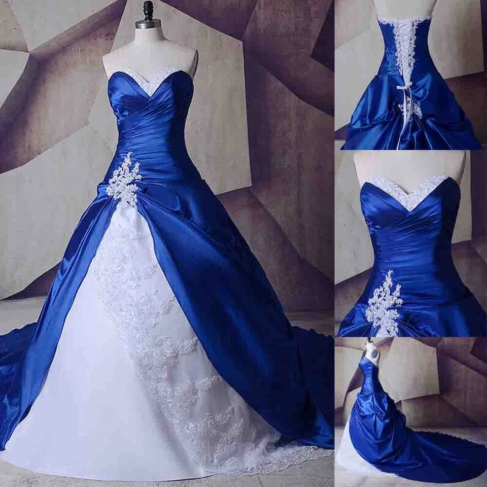 Vintage Royal Satin Brautkleider Klassische Spitze zurück Spitze Ballkleider - Bild 1 von 4