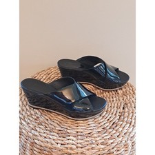 Donald J. Pliner Womens Franz Luxury Black Patent Leather Wedge Slide Sandal 6.5