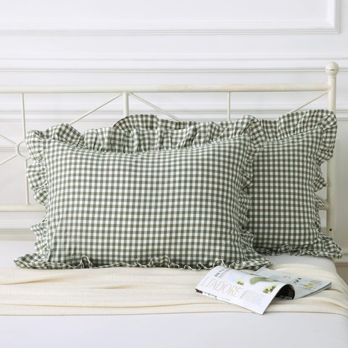 Green/White Plaid Ruffled Pillow Covers King Size Washed Cotton Shabby Checke... - Picture 3 of 6