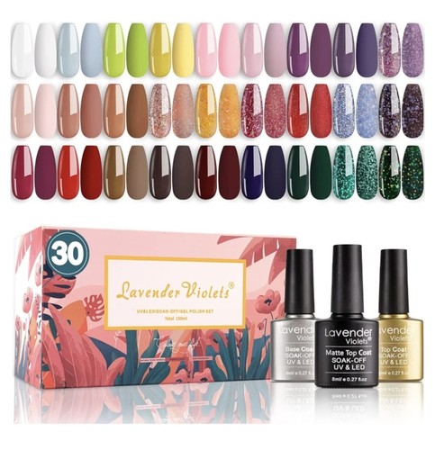Lavender Violets Gel-Nail-Polish Kit of 27 Colors with Glossy Top Coat Matte Top - Picture 2 of 5